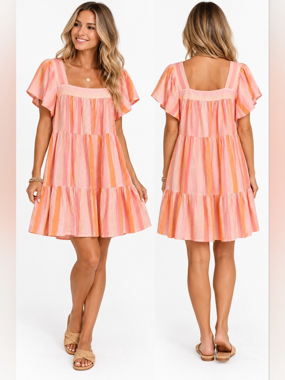 Rails Valentina Dawn Stripe Mini Dress XS Pink Orange Tiered Flutter Sleeve Chic